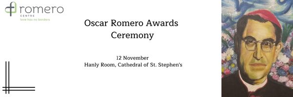 Promotional image for Oscar Romero Awards Ceremony featuring logo, text and image of the headshot of Oscar Romero/