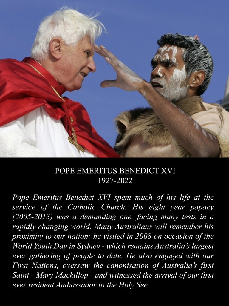 Image of Pope Eremitus Benedict XVI with unknown Aboriginal man. Photo by Gregorio Borgia, Associated Press July 18 2008.